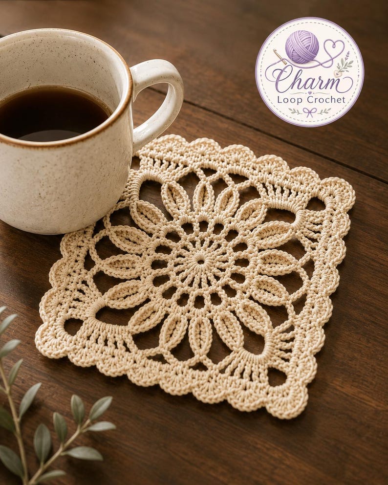 May include: A square, cream-coloured crochet coaster featuring a central floral motif with intricate openwork loops and a scalloped edge. A ceramic mug filled with dark liquid sits partially on the coaster, which displays a circular logo reading Charm Loop Crochet.