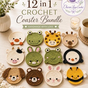 12 Animal Crochet Coaster Patterns, Beginner Mug Rug Bundle (PDF Download)