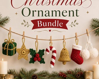May include: A Christmas Ornament Bundle featuring seven crocheted decorations hanging from a twine string with wooden clips. The set includes a green gift box, gold star, holly leaves with red berries, candy cane, gold bell, red stocking, and white pom-poms.