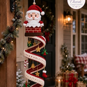 Virkad jultomte i skorstenen mönster PDF, spiralformad juldekoration, jultomte vägg- och dörrdekoration