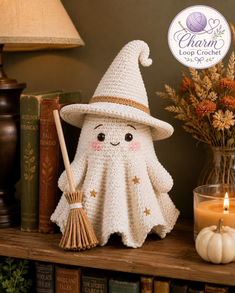 May include: A cream-colored crocheted ghost figurine wearing a pointed witch hat with a tan band. The ghost features embroidered black eyes, a small smile, pink cheeks, and three small gold stars. It holds a miniature wooden broom with tan bristles.