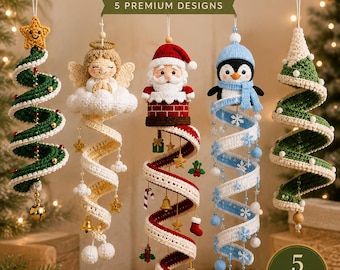 May include: Five crochet Christmas ornaments featuring a spiral tree with a star, an angel on a cloud, Santa in a chimney, a penguin with a blue scarf, and a spiral tree with white pom-poms. Each hanging decoration includes small festive charms.