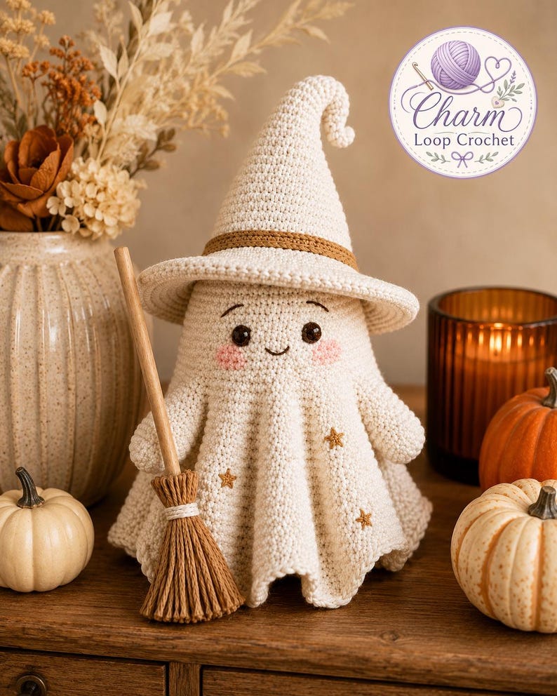 May include: A cream-colored crocheted ghost figurine wearing a pointed hat with a brown band, featuring embroidered pink cheeks, black eyes, and small gold stars on its body. The ghost holds a small wooden broomstick with brown bristles.