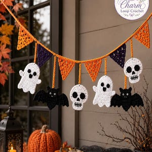 May include: A crochet Halloween garland featuring orange and purple triangular pennants interspersed with white ghosts, black bats, and white skulls. The garland is suspended by an orange yarn string and includes a circular logo reading Charm Loop Crochet.