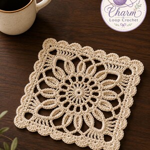 May include: A square, cream-coloured crochet doily featuring a central circular floral pattern with intricate openwork stitches and a scalloped edge. The design is composed of interconnected loops and radiating petals, creating a symmetrical, lace-like texture.