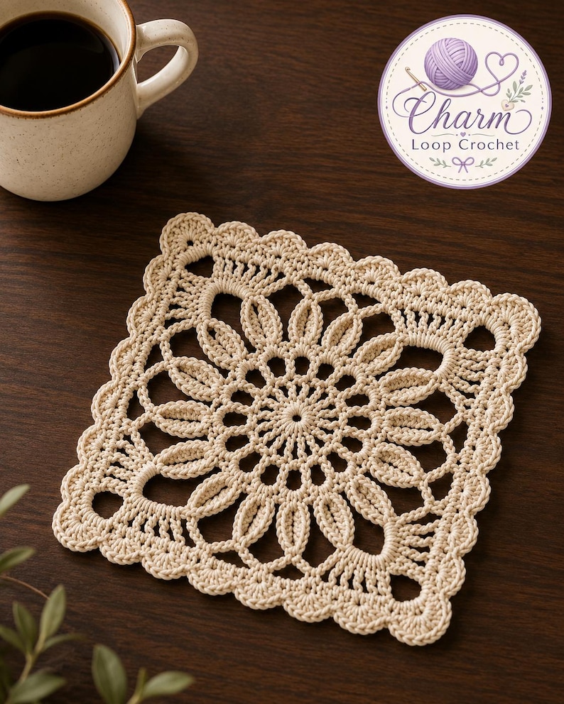 May include: A square, cream-coloured crochet doily featuring a central circular floral pattern with intricate openwork stitches and a scalloped edge. The design is composed of interconnected loops and radiating petals, creating a symmetrical, lace-like texture.