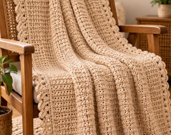 Crochet Blanket Pattern PDF, Chunky Textured Throw Blanket with Scalloped Border, Cozy Farmhouse Afghan, Easy Crochet Pattern