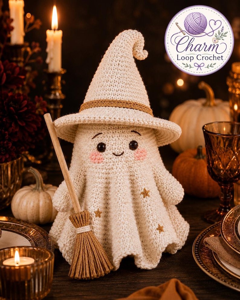 May include: A cream-colored crocheted ghost figurine wearing a pointed hat with a tan band. The ghost has black eyes, a small smile, and pink cheeks, with small gold star accents on its body. It holds a miniature wooden broom with tan bristles.