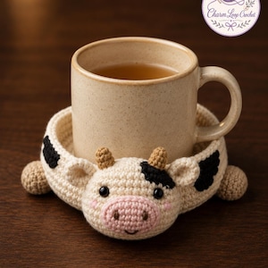 May include: A beige ceramic mug sits inside a round, cream-colored crochet coaster shaped like a cow. The coaster features black spots, a pink snout, small brown horns, and two small round feet on the sides. A logo reads Charm Loop Crochet.