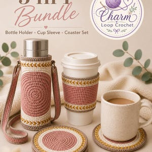 May include: A 3 in 1 bundle set featuring a crochet bottle holder with a strap, a crochet cup sleeve, and a set of crochet coasters. Each item is crafted in a matching pattern of dusty rose, cream, and mustard yellow yarn with a circular design.