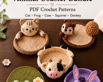 May include: A 5 in 1 animal coaster bundle PDF crochet patterns featuring a cat, frog, cow, squirrel, and donkey. The image displays five crocheted coasters with animal heads and circular bases in tan, green, and purple yarn colors.