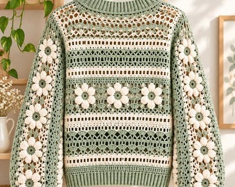 May include: A long-sleeve crochet sweater in sage green and cream, featuring a repeating pattern of white daisy motifs on the sleeves and body, with horizontal striped openwork stitching and a ribbed crew neckline and cuffs.