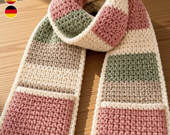 Crochet Pocket Scarf Pattern PDF, Chunky Color Block Winter Scarf, Easy Crochet Scarf with Pockets, DIY Women's Scarf