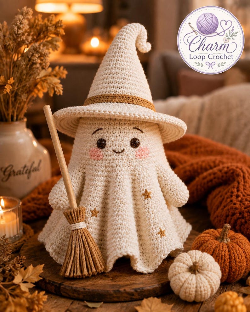 May include: A cream-colored crocheted ghost figurine wearing a pointed witch hat with a brown band. The ghost has embroidered dark eyes, a small smile, and pink cheeks, with small gold stars on its body. It holds a miniature wooden broomstick.