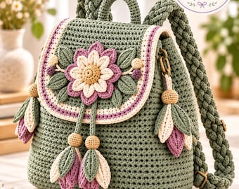 May include: A sage green crochet backpack featuring a large central flower applique in shades of purple, cream, and yellow. The bag has braided straps, a top handle, and decorative leaf-shaped tassels. A circular logo reads Charm Loop Crochet.