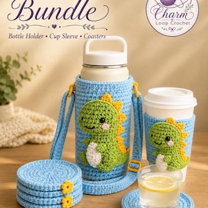 May include: A 3 in 1 crochet bundle featuring a light blue bottle holder with a strap, a cup sleeve, and a stack of circular coasters. Each item is decorated with a green dinosaur appliqué with yellow spikes and a white belly, plus small yellow flowers.
