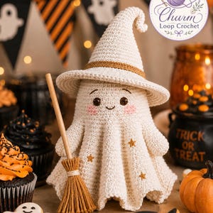 May include: A cream-colored crocheted ghost figurine wearing a pointed witch hat with a brown band. The ghost features embroidered brown eyes, a small smile, pink cheeks, and small gold star accents. It holds a miniature wooden broomstick.