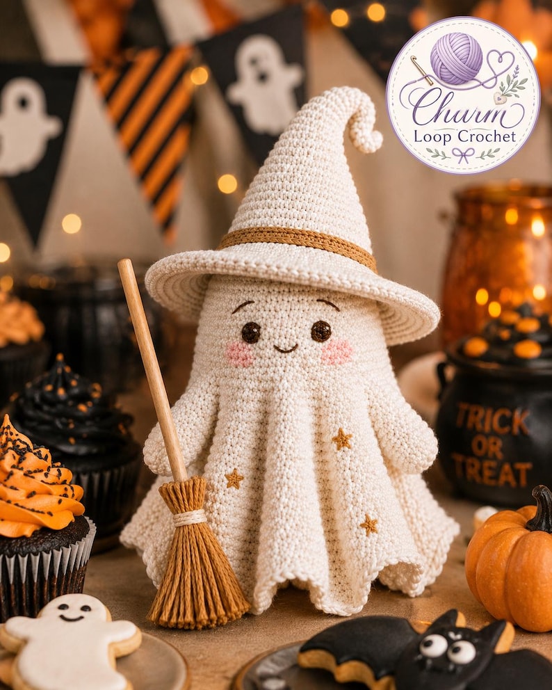 May include: A cream-colored crocheted ghost figurine wearing a pointed witch hat with a brown band. The ghost features embroidered brown eyes, a small smile, pink cheeks, and small gold star accents. It holds a miniature wooden broomstick.