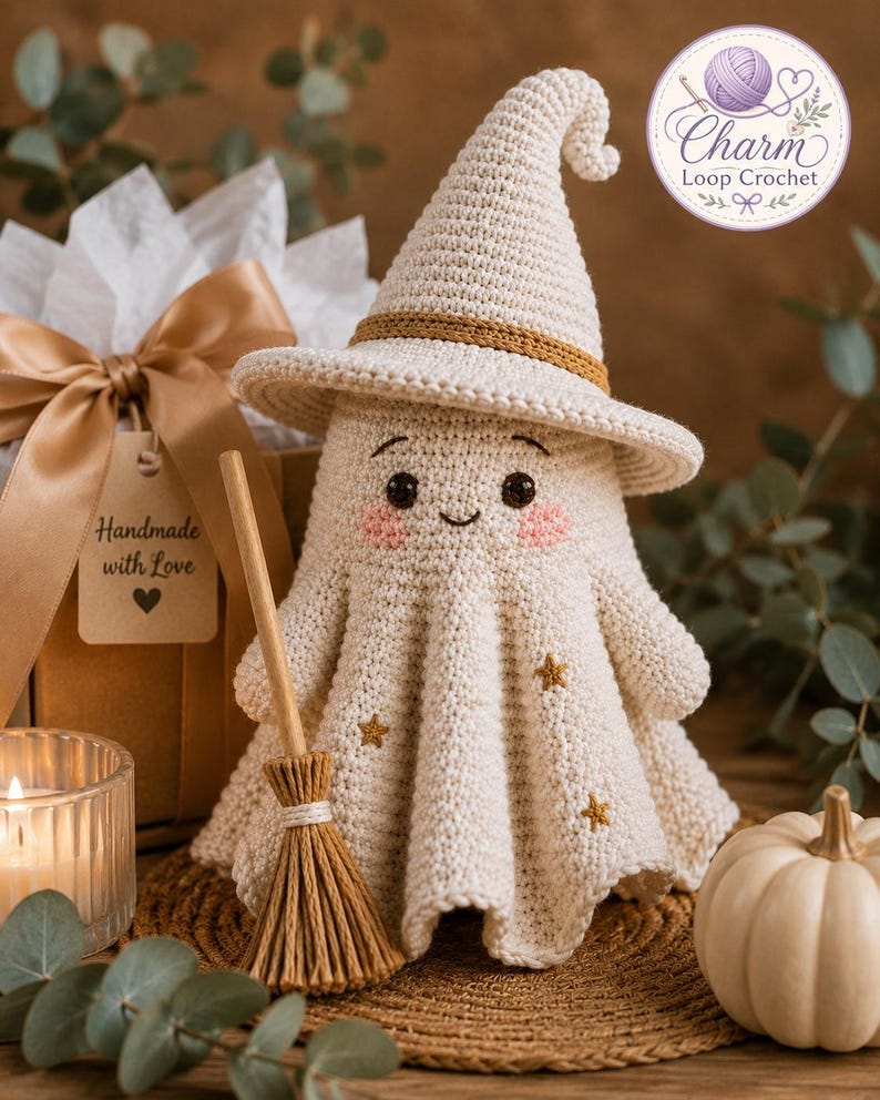 May include: A cream-colored crocheted ghost figurine wearing a matching pointed witch hat with a gold band. The ghost features embroidered black eyes, a small smile, pink cheeks, and gold star accents. A small wooden broomstick stands beside it.