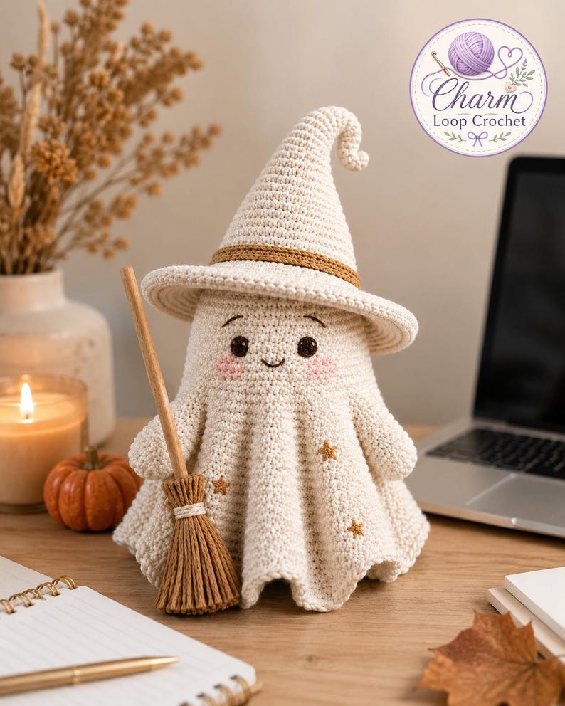 May include: A cream-colored crocheted ghost figurine wearing a pointed witch hat with a brown band. The ghost has embroidered eyes, a small smile, pink cheeks, and three small brown stars on its body. It holds a small brown yarn broom.