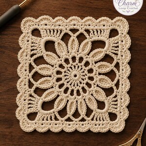 May include: A square off-white crochet motif featuring a central circular floral pattern with radiating petals and an intricate scalloped border. The design includes openwork loops and dense stitching, accompanied by a crochet hook and gold scissors.