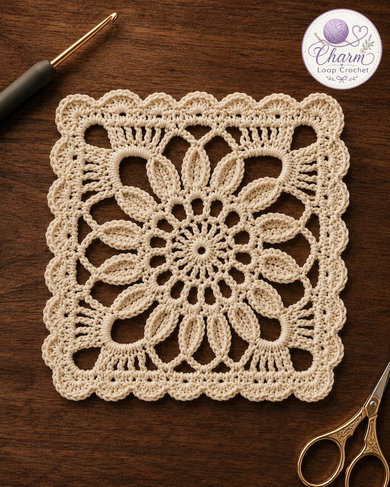 May include: A square off-white crochet motif featuring a central circular floral pattern with radiating petals and an intricate scalloped border. The design includes openwork loops and dense stitching, accompanied by a crochet hook and gold scissors.