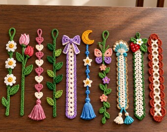 May include: Ten crochet bookmarks featuring various designs including flowers, hearts, a bow, a moon, stars, a butterfly, a seashell, a strawberry, and a lace pattern. The text 10 in 1 and Digital download is visible.