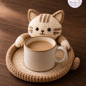Op de afbeelding: Een gehaakte katvormige onderzetter in beige en bruin houdt een beige mok met koffie vast. De onderzetter heeft een ronde basis en een kattengezicht met oren en poten. De mok heeft een oor en een bruine rand. CharmLoop Crochet logo.