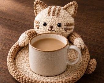 May include: A beige and brown crocheted cat-shaped coaster with a raised head and arms holding a speckled ceramic mug filled with a light brown beverage. The cat features dark brown stripes, black bead eyes, and a small embroidered nose and mouth.
