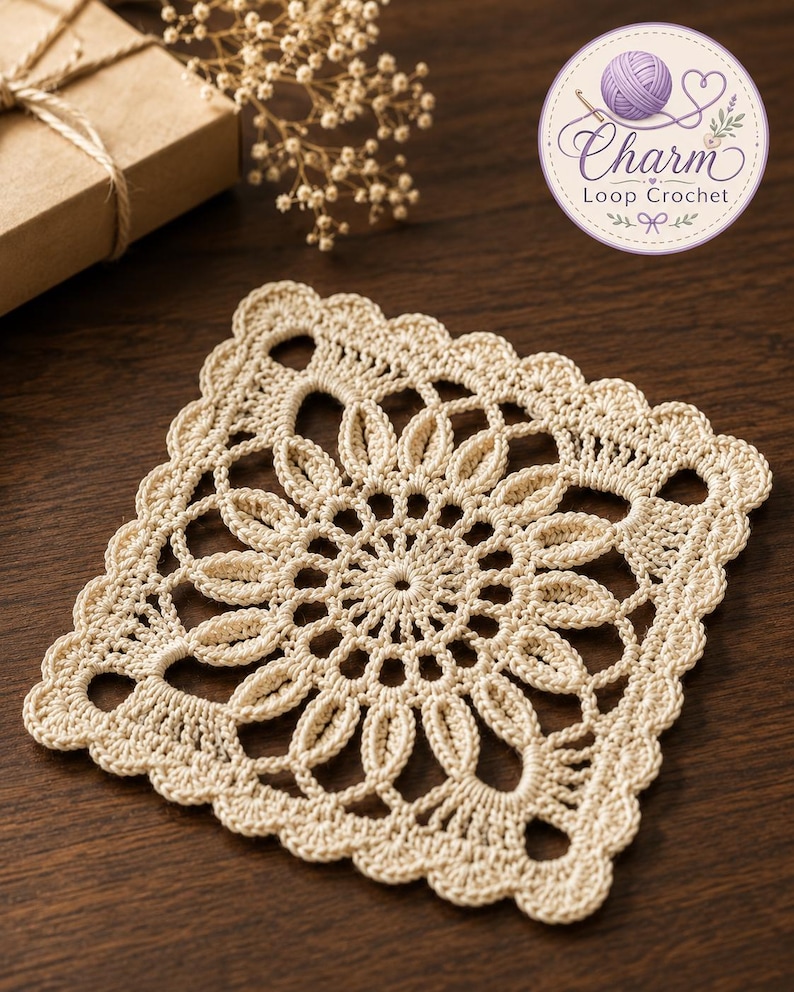 May include: A square, cream-coloured crochet doily featuring a central circular floral motif with radiating petals and a scalloped edge. The design includes intricate openwork patterns and a delicate, textured stitch throughout the piece.