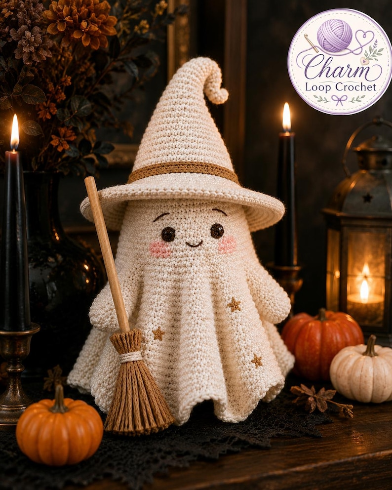 May include: A cream-colored crocheted ghost figurine wearing a pointed hat with a brown band, featuring embroidered eyes, a small smile, pink cheeks, and gold star accents. The ghost holds a small brown broomstick, with the text Charm Loop Crochet.