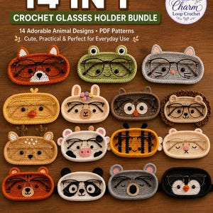 Puede incluir: Un conjunto de 14 soportes para gafas de ganchillo con 14 diseños de animales que incluyen zorro, rana, gato, pollito, llama, búho, erizo, ciervo, vaca, abeja, oso, mapache, panda y pingüino. Cada soporte ovalado sostiene unas gafas.