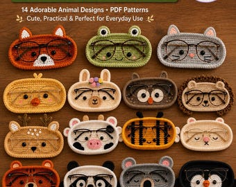 May include: A 14-in-1 crochet glasses holder bundle featuring 14 animal designs including a fox, frog, cat, chick, llama, owl, hedgehog, deer, cow, bee, bear, raccoon, panda, and penguin. Each oval holder displays a pair of glasses.