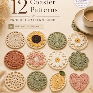 Pacchetto di modelli PDF per sottobicchieri all'uncinetto, set di sottobicchieri floreali, sottobicchieri con girasoli, margherite, limoni e cuori, modello all'uncinetto adatto ai principianti