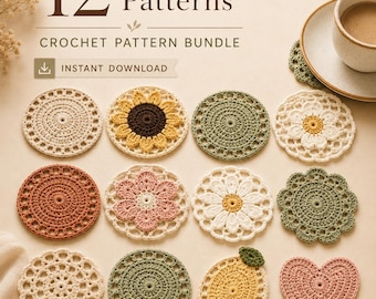 12 Crochet Coaster Patterns Bundle, Floral, Sunflower, Daisy, Lemon, Heart Designs (PDF Download)