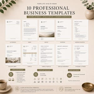 May include: A collection of 10 professional business templates including a letterhead, memo, report, proposal, meeting agenda, executive brief, invoice, terms of service, services agreement, and statement of work, featuring Cormorant Garamond and Montserrat fonts.