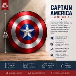 May include: A circular Captain America metal shield with a red, white, and blue design featuring a central silver star. The shield has a brushed metallic finish and a diameter of 30 inches. Text on the image includes Captain America Metal Shield.