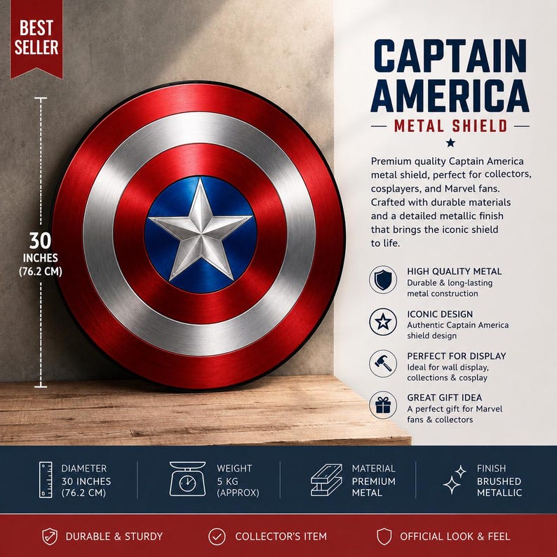May include: A circular Captain America metal shield with a red, white, and blue design featuring a central silver star. The shield has a brushed metallic finish and a diameter of 30 inches. Text on the image includes Captain America Metal Shield.
