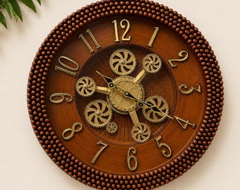 Handgemaakte houten tandwiel wandklok | Grote rustieke steampunkklok | Vintage industrieel wanddecor | Stille woonkamerklok.