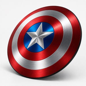 May include: A circular shield featuring a metallic finish with concentric rings in red, silver, and blue. The center displays a prominent five-pointed silver star set against a vibrant blue circular background, surrounded by alternating silver and red bands.