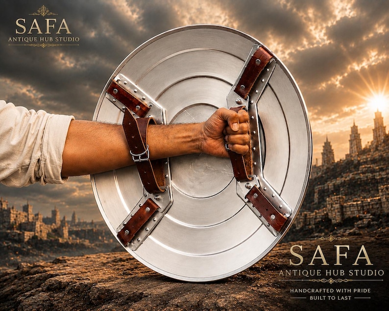 May include: A circular silver-toned metal shield featuring a smooth, concentric ring design. The back of the shield is equipped with two brown leather straps secured by metal rivets and a buckle, designed for forearm and hand attachment.