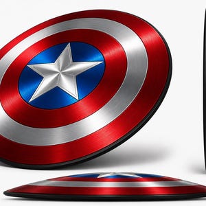 May include: A circular shield featuring a metallic finish with concentric rings of red, silver, and blue. A large silver five-pointed star is centered within a blue circle. The shield is shown from three different angles, including a side profile view.