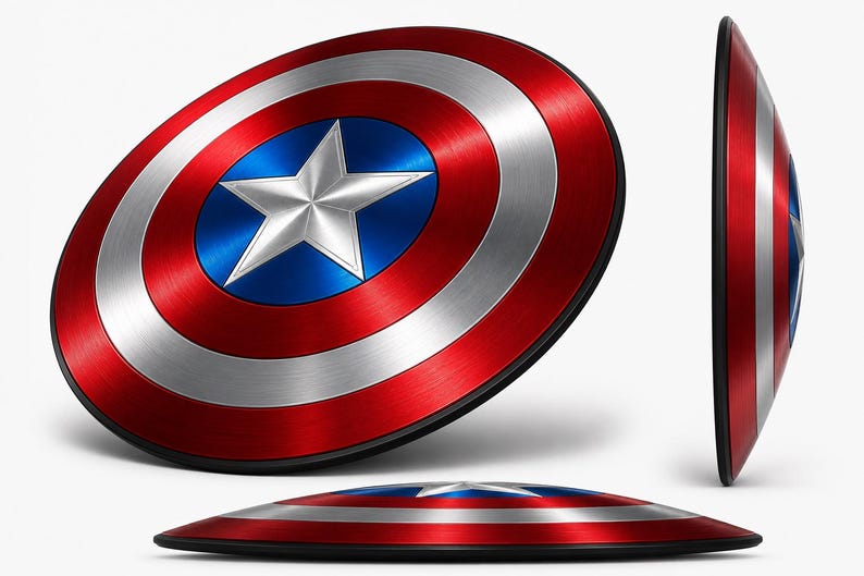 May include: A circular shield featuring a metallic finish with concentric rings of red, silver, and blue. A large silver five-pointed star is centered within a blue circle. The shield is shown from three different angles, including a side profile view.