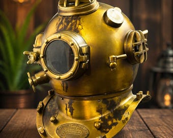 Gepersonaliseerde antieke duikhelm met verouderde patina-afwerking | Nautisch decor | Vintage diepzeeduikerhelm | Kantoor- en woondecoratie.