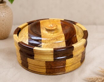 Handgemaakte houten broodtrommel met deksel | Tortilla & Flatbread Warmer | Rustieke boerderij keukendecoratie | Ronde opslagcontainer.