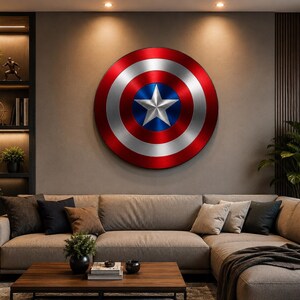 May include: A circular wall-mounted shield featuring a metallic finish with concentric rings in red, silver, and blue. The center of the shield displays a prominent five-pointed silver star set against a deep blue circular background.