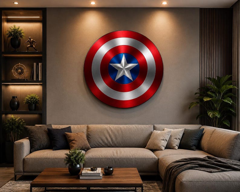 May include: A circular wall-mounted shield featuring a metallic finish with concentric rings in red, silver, and blue. The center of the shield displays a prominent five-pointed silver star set against a deep blue circular background.