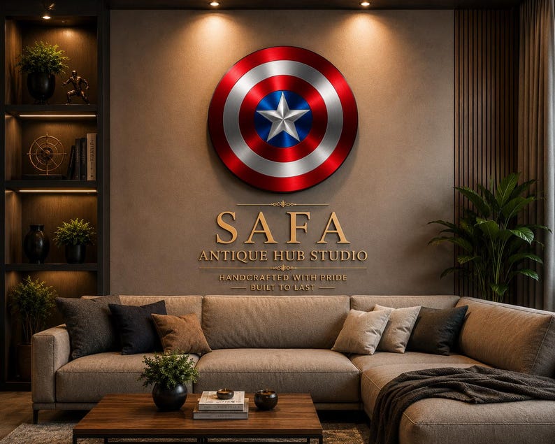 May include: A circular wall-mounted shield featuring a metallic red, white, and blue design with a central white star. Below the shield, gold text reads SAFA ANTIQUE HUB STUDIO, HANDCRAFTED WITH PRIDE, BUILT TO LAST, displayed on a neutral wall.