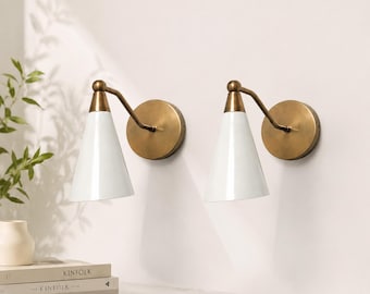 Mid Century Modern Brass Wall Sconces | White Cone Shade Bedside Lights | Minimalist Gold Wall Lamps | Vintage Bathroom Vanity Light