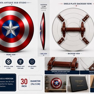 May include: A 30-inch diameter circular shield featuring a red, silver, and blue enamel finish with a central silver star. The shield includes a side profile, a backside view with brown leather straps and a hand grip, and a branded storage box.